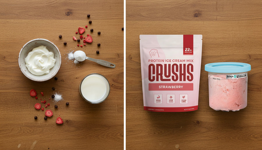 Side-by-side comparison of a DIY Ninja Creami ice cream mix setup and a premade CRUSHS protein ice cream mix container on a kitchen counter.