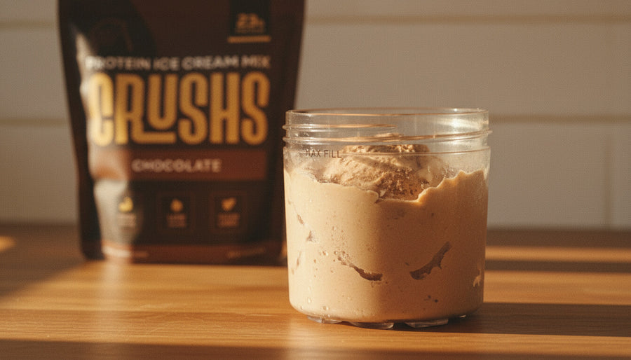 A simple Ninja Creami pint container with basic ingredients beside it showing that learning how to use Ninja Creami does not require complicated recipes to get great results.
