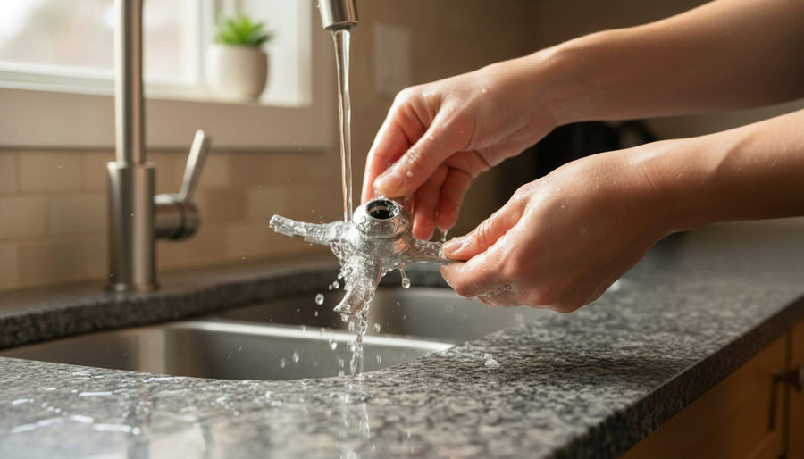 A Ninja Creami machine being wiped down on a kitchen counter showing proper maintenance as part of knowing how to use Ninja Creami correctly every time.
