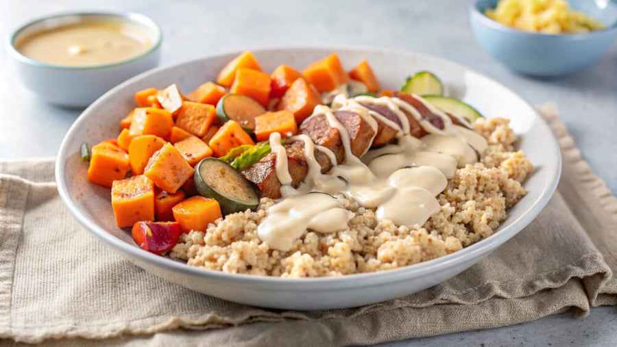 A bowl of roasted sweet potato chunks with grilled sausage and tahini drizzle representing a balanced GLP-1 meal plan that combines protein and complex carbs in a portion that works for low appetite.