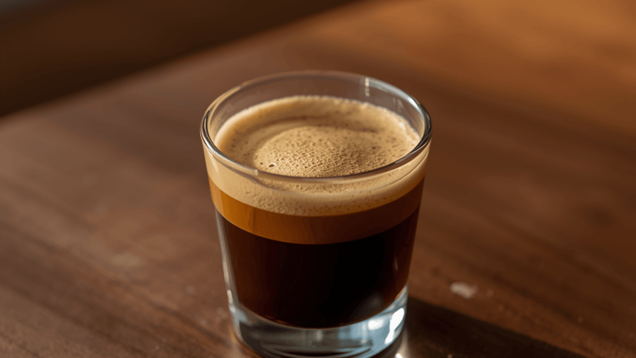 A double shot of espresso in a glass showing the caffeine content per cup compared to drip coffee.