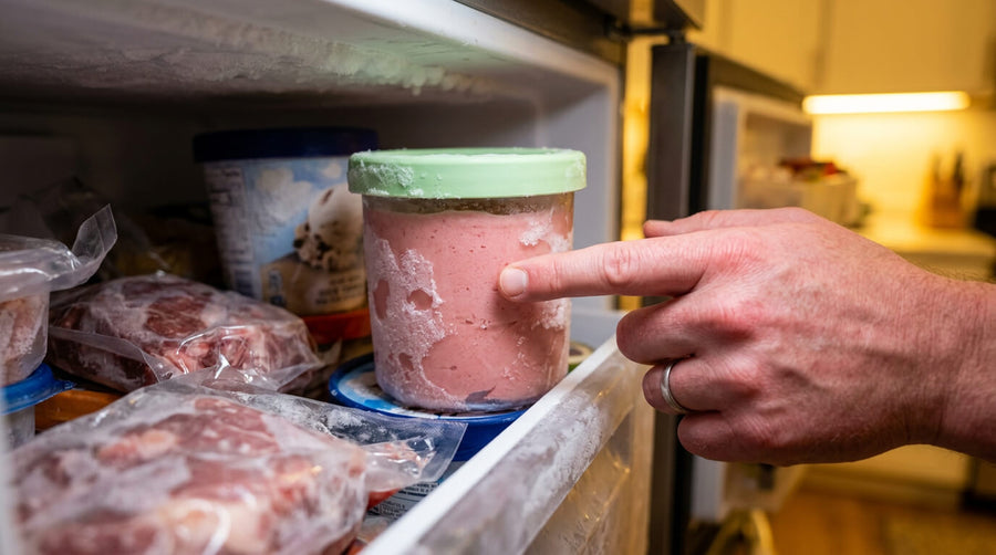 A hand tapping the side of a strawberry Ninja Creami pint container in a freezer checking if it is fully frozen to prevent a ninja creami too crumbly result from under-freezing.