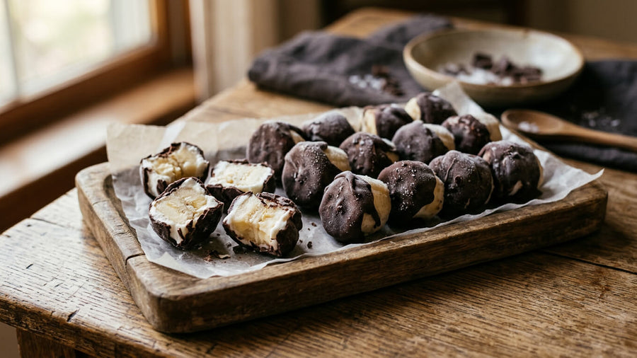  tray of frozen banana bites dipped in dark chocolate on a wooden surface with some cut open showing the inside representing one of the best high protein desserts for GLP-1 users that is bite-sized and easy to eat on low appetite.