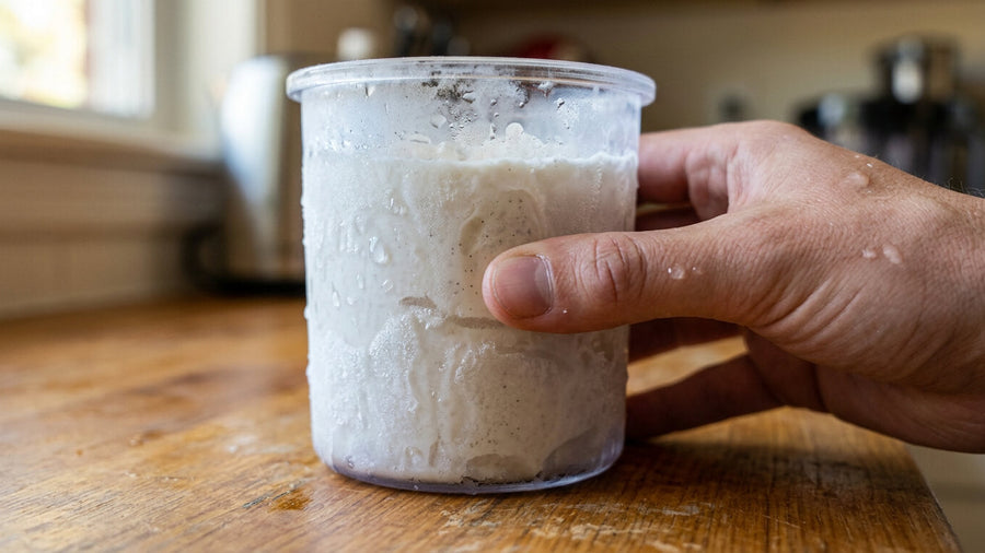 A hand pressing the side of a heavily frosted Ninja Creami pint container showing the frozen too hard problem that is one of the most common ninja creami troubleshooting issues users run into.