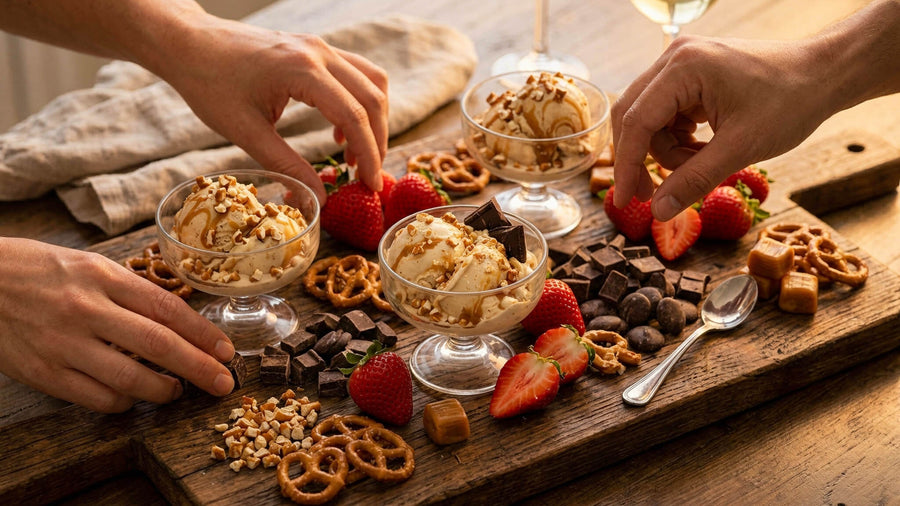 Hands grazing a healthy dessert board with ice cream cups, strawberries, and dark chocolate for Mother's Day.