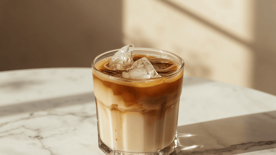 A tall creamy iced coffee on a marble surface as a Greek yogurt high protein coffee idea.