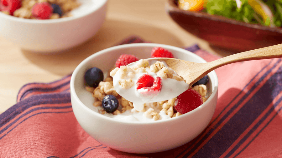  A bowl of greek yogurt topped with fresh berries and granola representing one of the best high protein snacks for summer that is cold, light, and easy to put together in under two minutes.