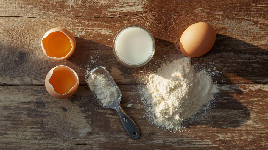An overhead flat lay of high leucine protein foods including eggs, milk, and a scoop of protein powder on a wooden surface showing the best sources for leucine post workout recovery.