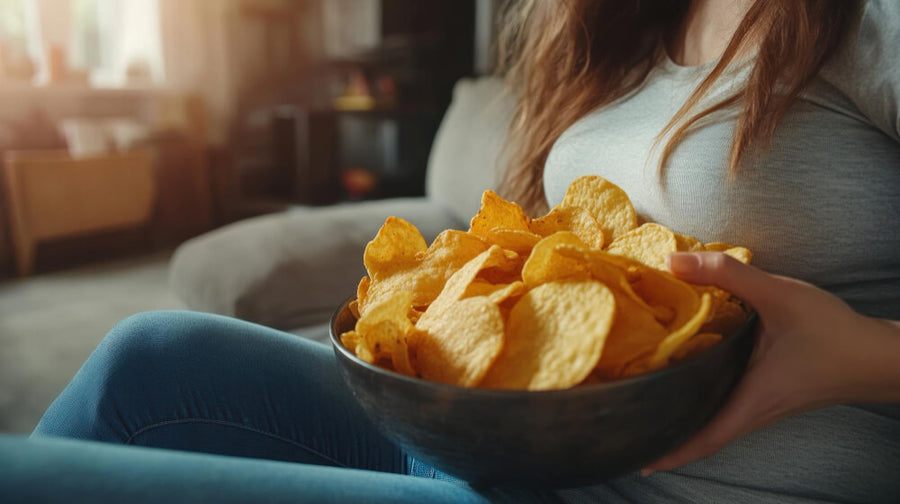 Person holding a bowl of potato chips on their lap