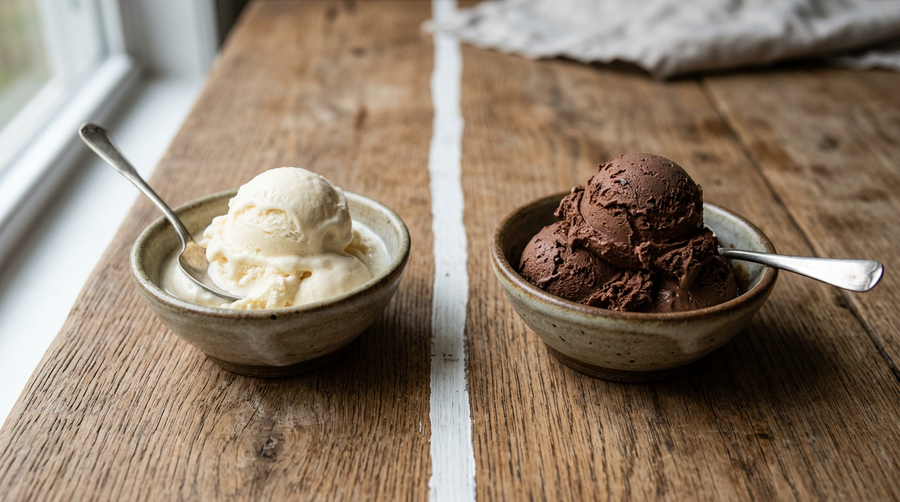 2 bowls of ice cream side by side showing the difference between a creamy first spin and a denser third respin, representing texture degradation when refreezing Ninja Creami pints multiple times.