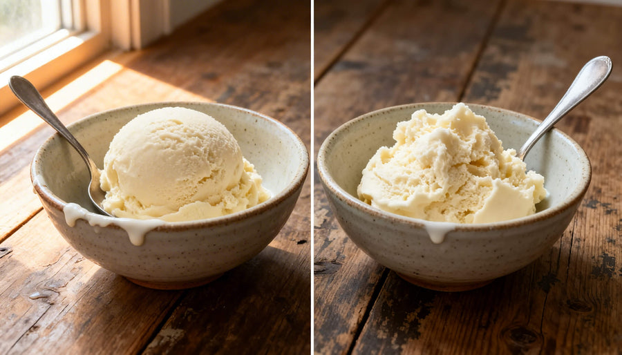 Two bowls of vanilla ice cream side by side showing the texture difference in the ninja creami vs ice cream maker debate, one dense and smooth and one light and airy.