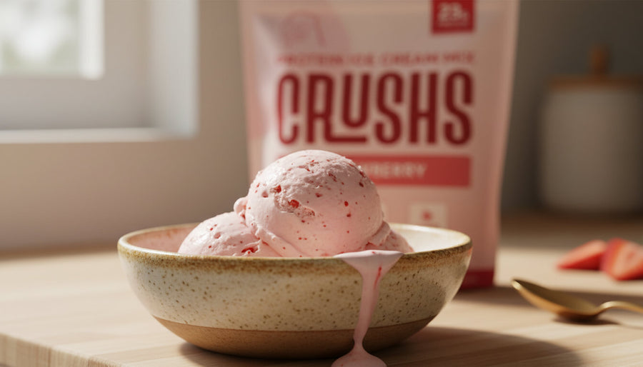 A creamy pint of CRUSHS strawberry keto ice cream made with the Ninja Creami.
