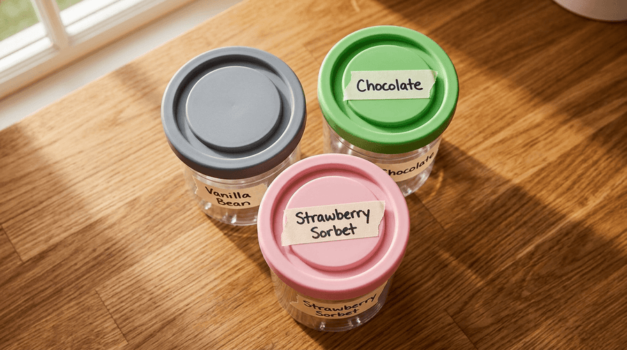 Official Ninja Creami pint containers with lids on a wooden surface, labeled and ready for batch prep.