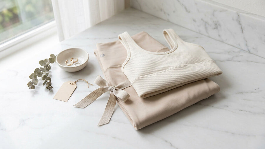 Neatly folded neutral workout top and leggings on a marble surface as a thoughtful Mother's Day gift for health conscious moms.