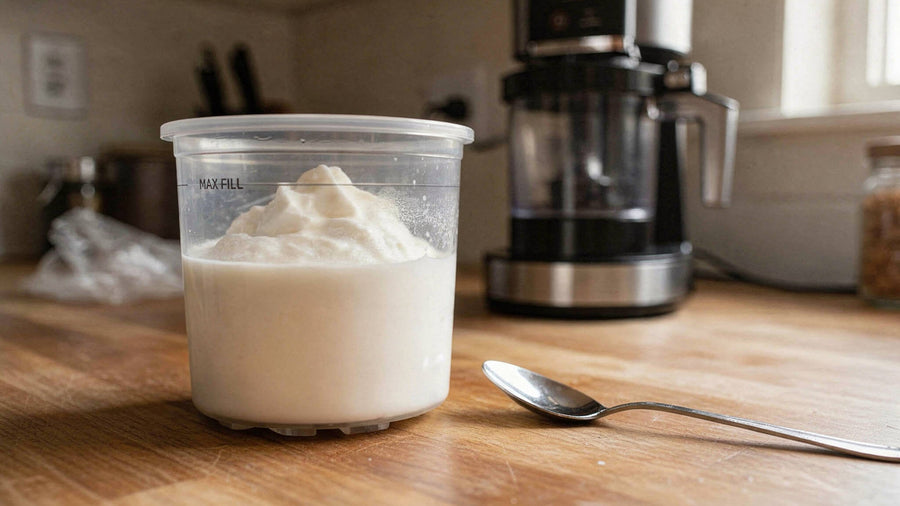 A tall clear cylindrical Ninja Creami pint container filled with protein ice cream mixture sitting on a wooden counter, ready to freeze before spinning.