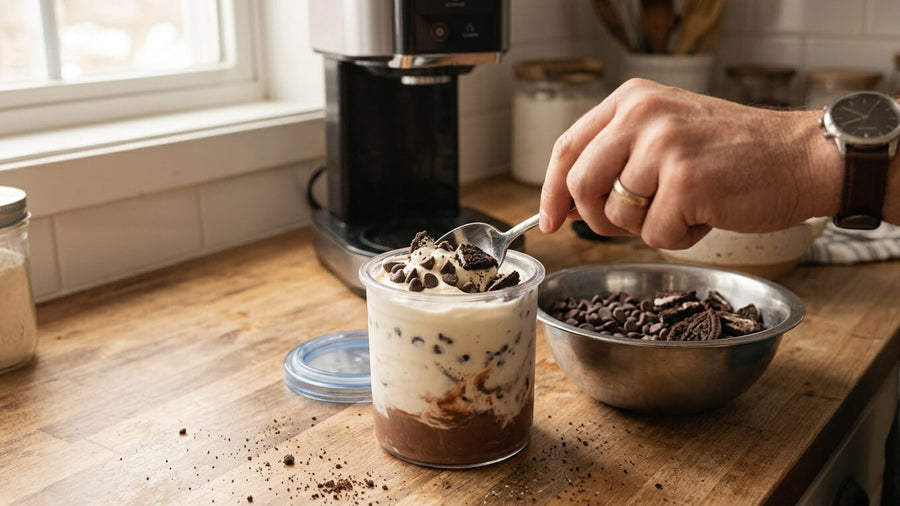 A hand folding chocolate chips and cookie pieces into a Ninja Creami pint container on a wooden surface showing the mix-in step in how to make protein ice cream Ninja Creami with customized toppings.