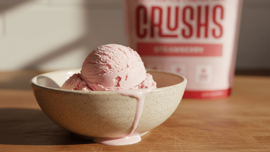 A creamy scoop of strawberry ice cream in a ceramic bowl representing monk fruit ice cream brands that use natural zero glycemic sweeteners, with a CRUSHS bag blurred in the background.