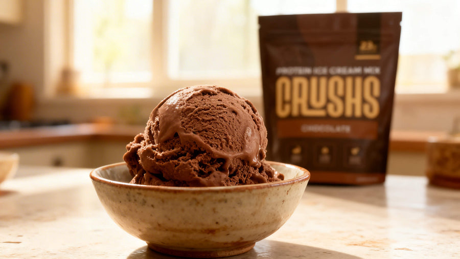 A creamy scoop of chocolate protein ice cream in a ceramic bowl showing what is milk protein isolate in action, with a CRUSHS Protein Ice Cream Mix bag naturally blurred in the background.