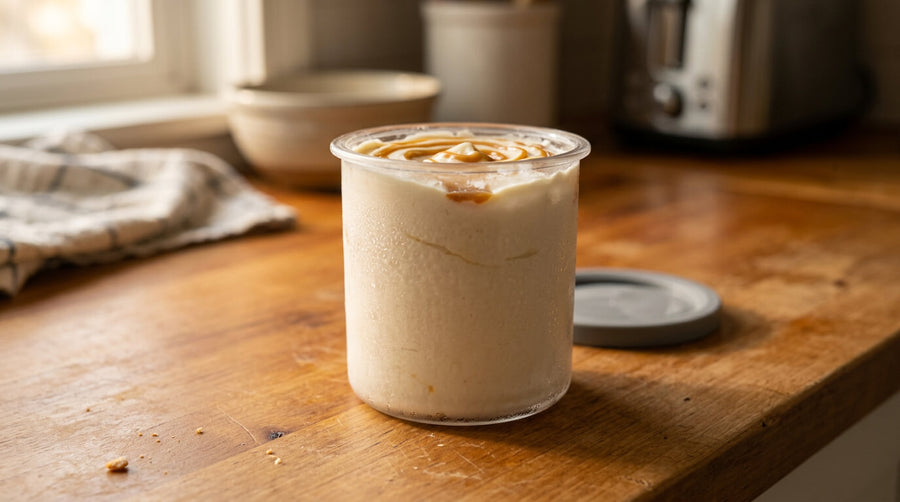 A creamy scoop of salted caramel protein ice cream in a speckled ceramic bowl with a CRUSHS Ice Cream Mix bag and a Ninja Creami machine visible in the background showing how to make Ninja Creami creamy with the right base.