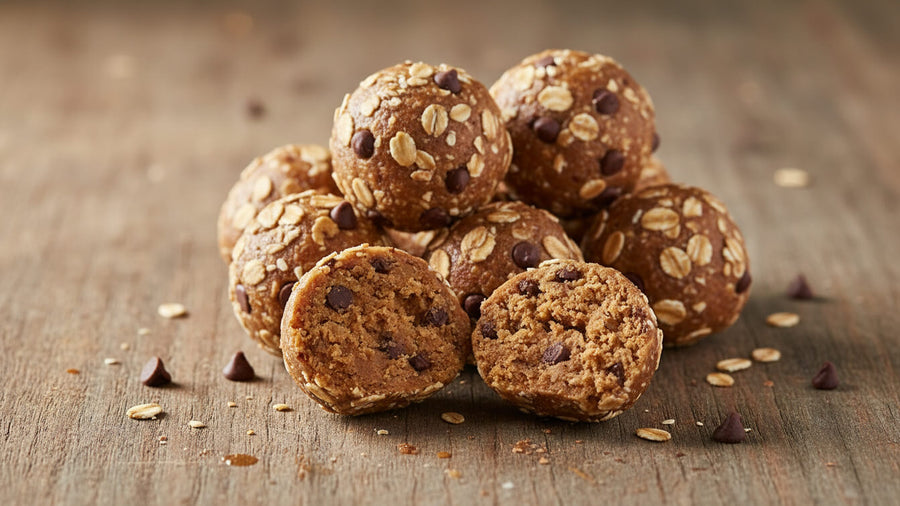 A pile of no bake protein balls with oats and chocolate chips on a wooden surface with one cut open showing the inside texture as one of the most meal prep friendly high protein dessert ideas.