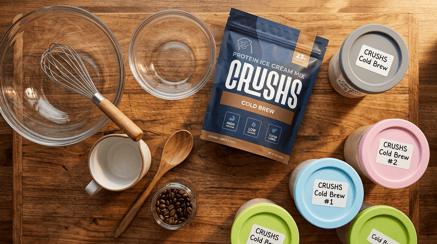 Overhead flat lay of Ninja Creami weekly batch prep setup with mixing bowls, whisk, labeled pint containers and CRUSHS protein ice cream mix bag on a wooden surface.

