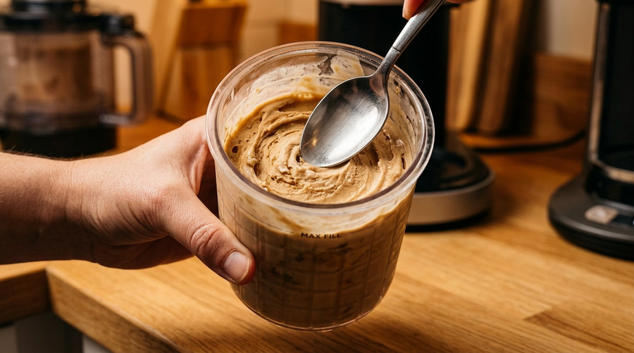 Hands pressing a Ninja Creami pint lid down firmly until fully sealed, representing the importance of an airtight seal when refreezing Ninja Creami ice cream.