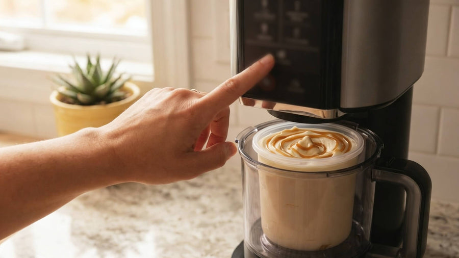 A hand pressing the button on a Ninja Creami machine with a creamy salted caramel pint visible inside showing the simple process of spinning the best protein ice cream mix for Ninja Creami into a smooth finished result.