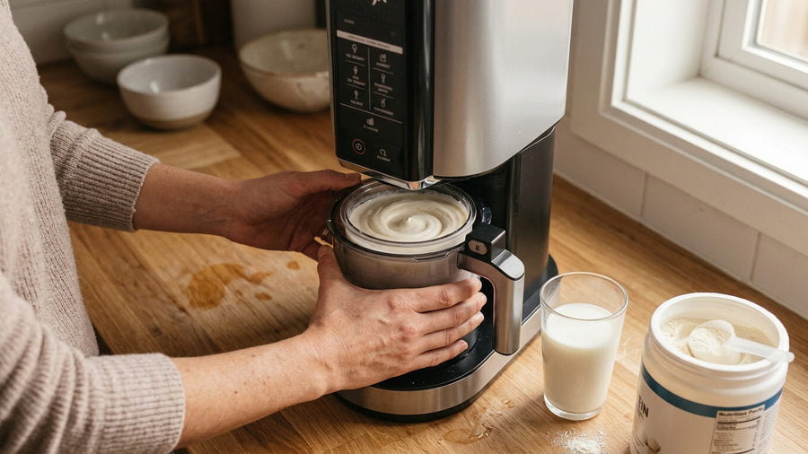 A person's hands visible loading the outer bowl into a Ninja Creami machine on a wooden kitchen counter showing the processing step when learning how to make protein ice cream Ninja Creami correctly.