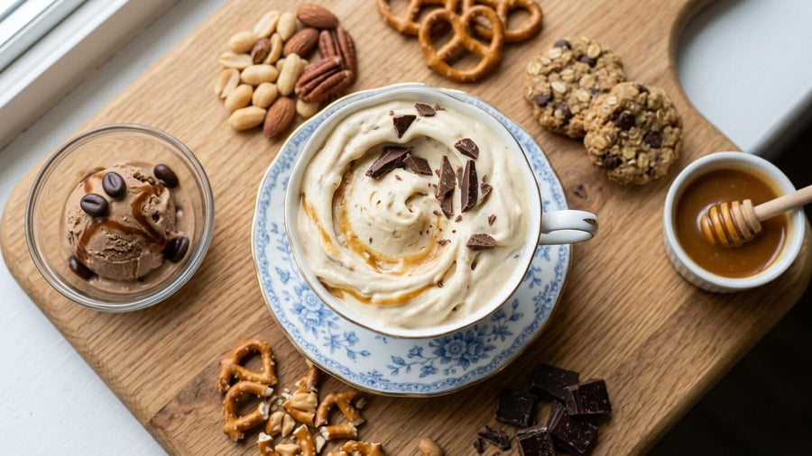Protein ice cream in a cup with caramel drizzle and mixed nuts as a healthy dessert board Mother's Day centerpiece.