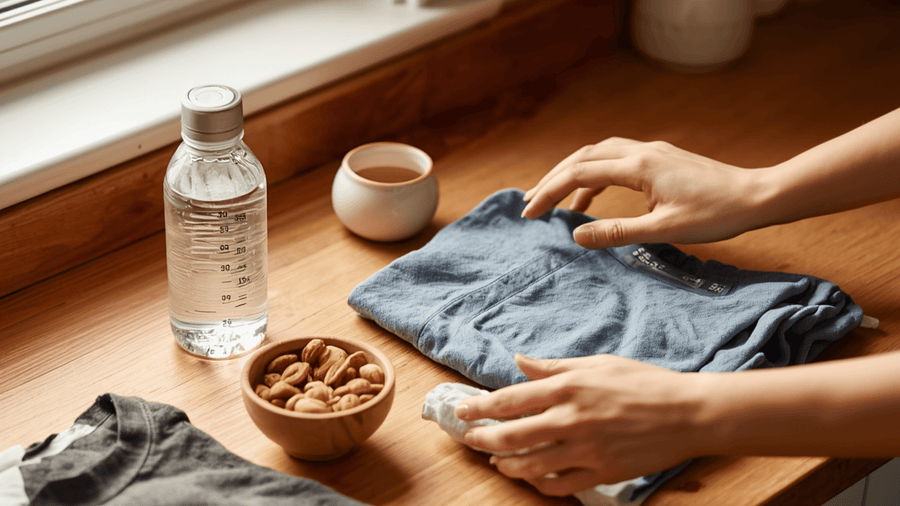 A person's hands visible folding gym clothes beside a water bottle and healthy snacks representing the preparation habits behind getting ready for summer by setting up your environment for consistency.