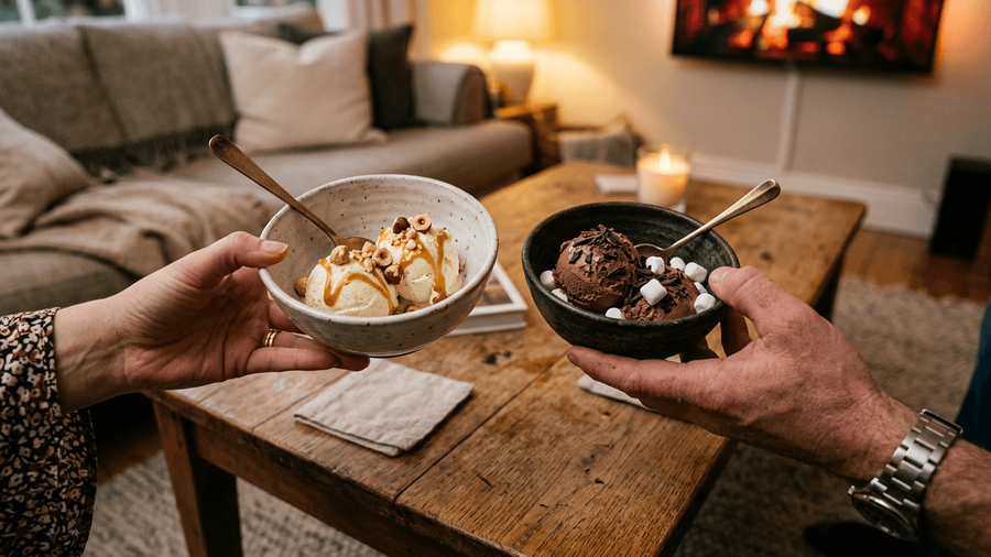 Two people's hands visible holding bowls of salted caramel and chocolate protein ice cream in a cozy living room at night representing the shared evening ritual that replaces 9pm cravings with something genuinely satisfying.