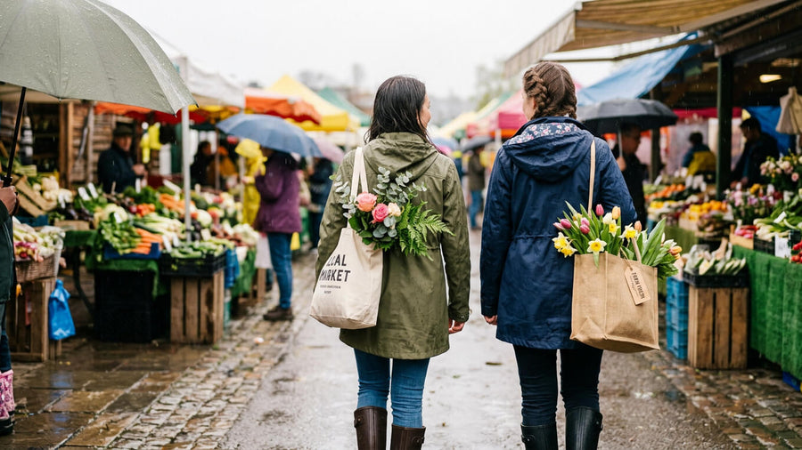 Two women walking through an outdoor market with tote bags and fresh flowers as a Mother's Day activity idea.