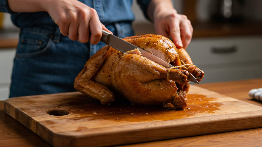  pair of hands slicing into a whole rotisserie chicken on a cutting board showing how easy it is to prep one of the best ready-made high protein meals with zero cooking required.
