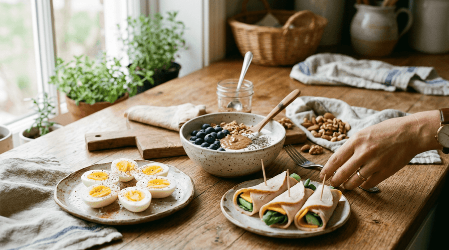 A wooden table with small bowls of high protein foods including boiled eggs blueberries and wraps representing the simple everyday eating habits behind how to feel good this summer without overcomplicating nutrition.