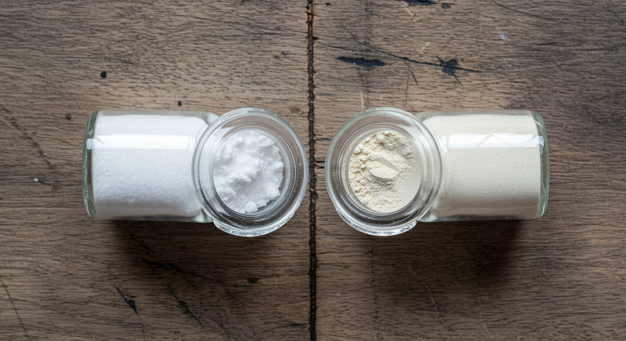 Two small glass jars side by side on a wooden surface containing different protein powders representing the casein vs whey protein comparison in texture color and digestion rate.