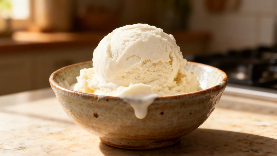A melting scoop of allulose ice cream in a rustic ceramic bowl on a warm kitchen counter.