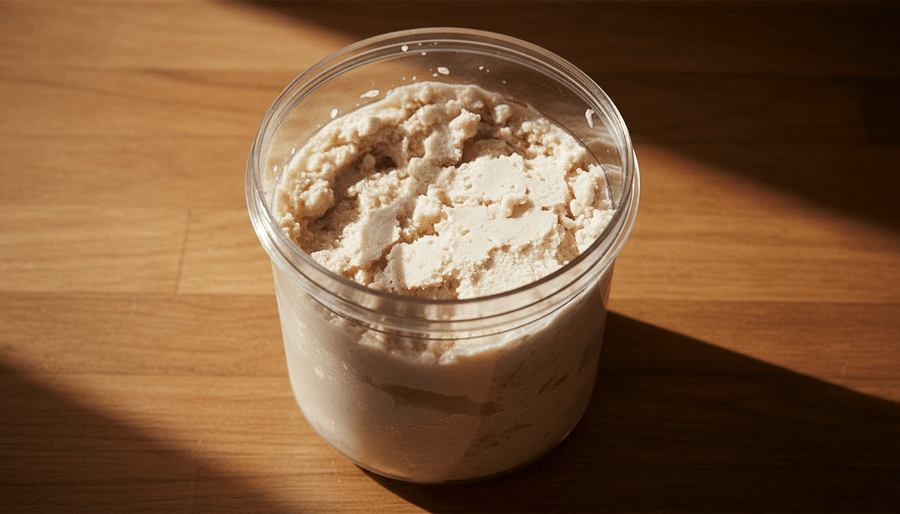A Ninja Creami pint with a crumbly icy texture visible on top showing the most common beginner mistake when learning how to use Ninja Creami for the first time.