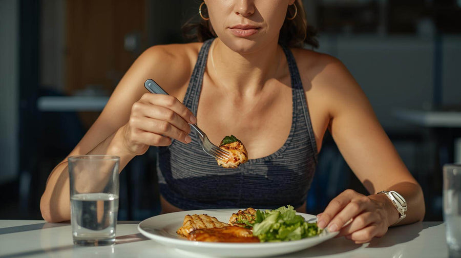 A woman's torso and hands visible eating a grilled salmon and greens meal at a table representing a leucine post workout meal that hits the muscle repair threshold.